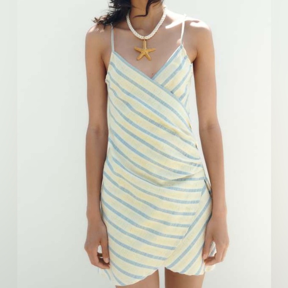 Zara Linen Cotton Wrap Sleeveless Cream Blue Striped Mini Dress Women Size XS